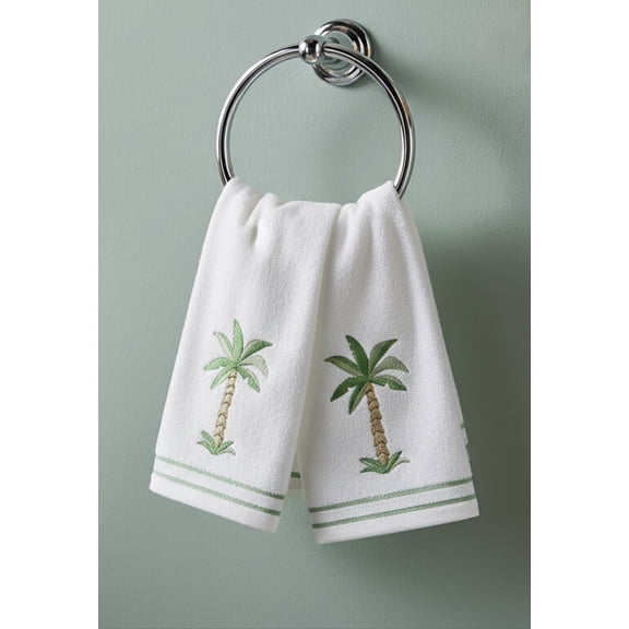 Serafina Home Coastal Bathroom Hand Towels – Set of 2 White 100% Cotton Embroidered Tropical Palm Tree Design –18x12” Decorative Bath & Kitchen Towels