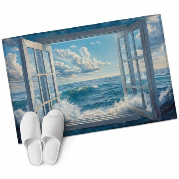 Coastal Bathroom Mat 2x3 FT, Non Slip Small Kitchen Mat, Window Nautical Beach Blue Seaside Washable Soft Backed Front Door Throw Rug Non-Shedding Indoor Outdoor Doormat for Entryway Sink