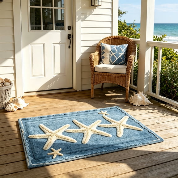 Coastal Bathroom Rugs Beach Ocean Bath Mat Nautical Rug, Cute Colorful Bath Rug Starfish Shell Beachy Theme Bathroom Decor, Soft Microfiber Carpet Non Slip Washable Bathmat - 16x24