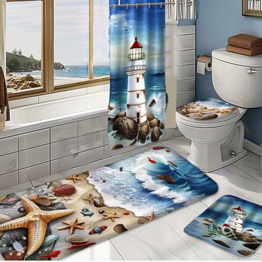 ZJRBJB Nautical Coastal Shower Curtain Set - Lighthouse, Sailboat & Seagulls Design, 72x108 Inches, Waterproof Polyester