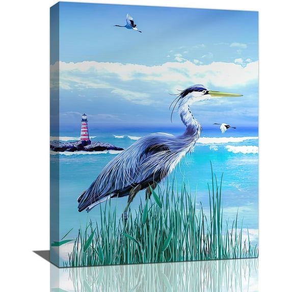 Coastal Bathroom Wall Art Sea Bird Wall Decor Blue Heron Pictures Ocean Beach Lighthouse Canvas Painting Print Artwork Framed for Living Room Bedroom Bathroom 12''''x16''''