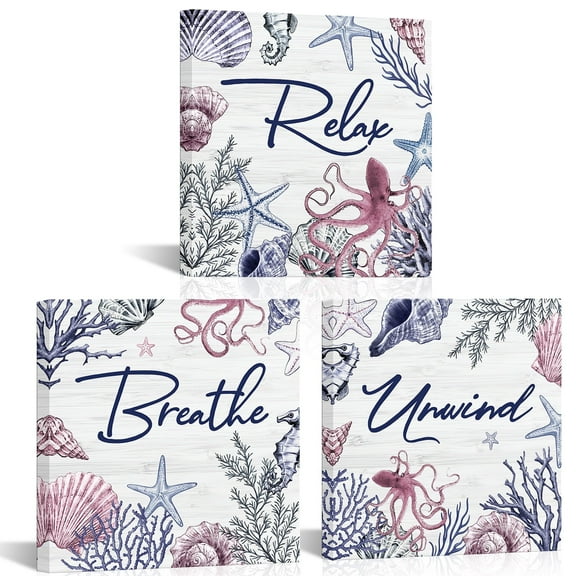 Coastal Bathroom Wall Art Starfish Seashell Coral for Beach Bathroom Decor Relax Unwind Breathe Sign Pictures Prints (purple)