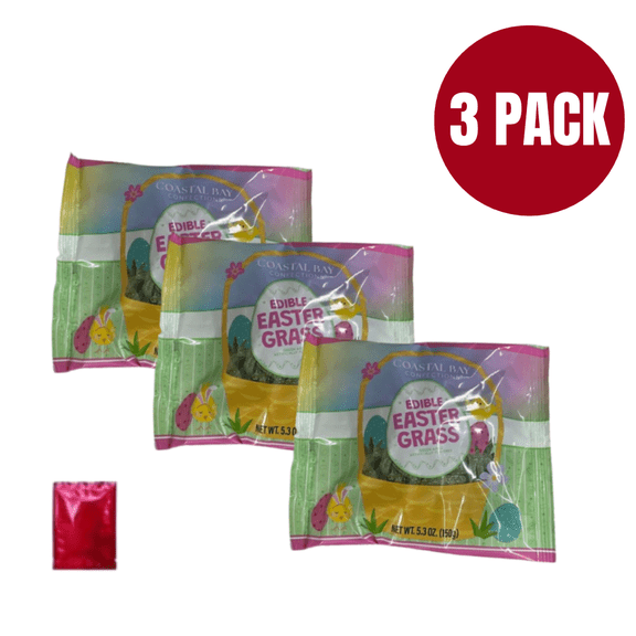 Coastal Bay Confections Edible Easter Grass (3 Pack Bundle) Green Apple Flavored 5.3 oz Bags with Bonus LaPrima Morceau Bonbon