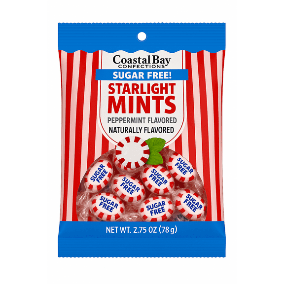 Coastal Bay Confections Sugar Free Peppermint Flavored Starlight Mints, 2.75 oz Bag