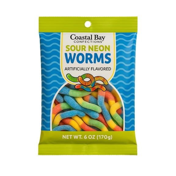Coastal Bay Confections Sweet & Sour Gummy Sour Neon Worms Candy, 6 oz Bag