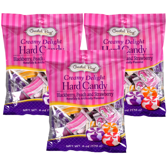 Coastal Bay Creamy Delight Hard Candy Blackberry Peach Strawberry Flavored Candies Party Favors Treats Stocking Stuffer Gifts on Birthdays Halloween Thanksgiving Holidays Christmas, 6oz - Pack of 3