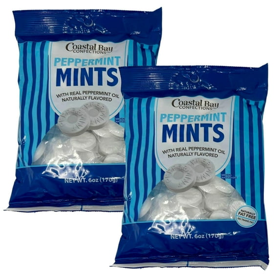 Coastal Bay Hard Candy Peppermint Mint Real Peppermint Oil 6Oz Gift Bag Party Favors Basket Bowl Goodies Stocking Stuffer Sweet Dessert Bars Individually Wrapped Wedding Birthday Parties Pack of 2