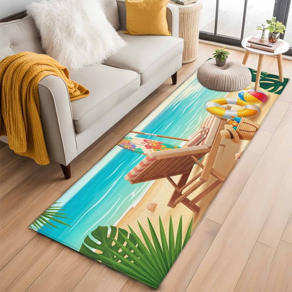 Coastal Beach 2'x6' Runner Rugs for Hallway Kitchen Bedside Non Slip Washable, Summer Tropical Ocean Vacation Waves Blue Entryway Rug Runners with Rubber Backing, Long Carpet Runner for Laundry Room