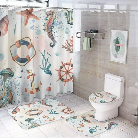 Coastal Beach 4 Piece Shower Curtain Sets,Watercolor Nautical Ocean Theme Anchor Conch Jellyfish Seahorse Non-Slip Rugs,Toilet Lid Cover and Bath Mat,Durable and Waterproof,for Bathroom Decor Set