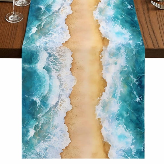Coastal Beach 70 Inch Table Runner, Modern Text Summer Ocean Wave ...