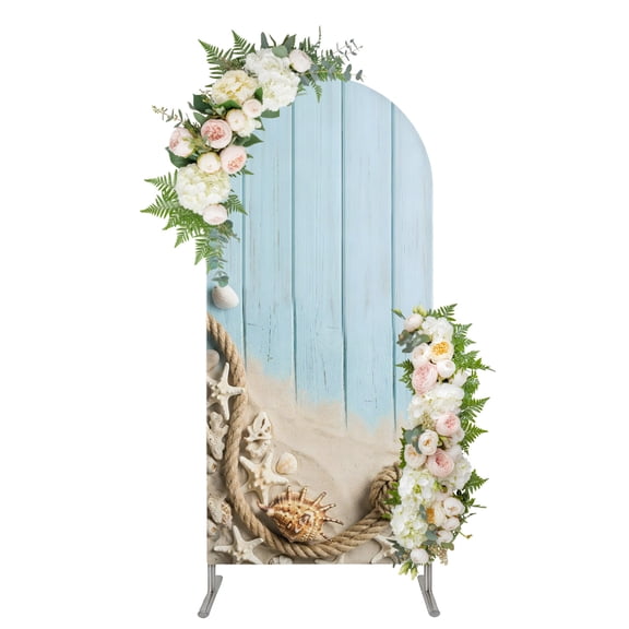 Coastal Beach Arch Backdrop Cover 4FT, Summer Nautical Blue Deck Starfish Conch Spandex Fitted Stretchy Arch Stand Covers, Round Top Chiara Backdrop Cover for Wedding Party Birthday Baby Shower