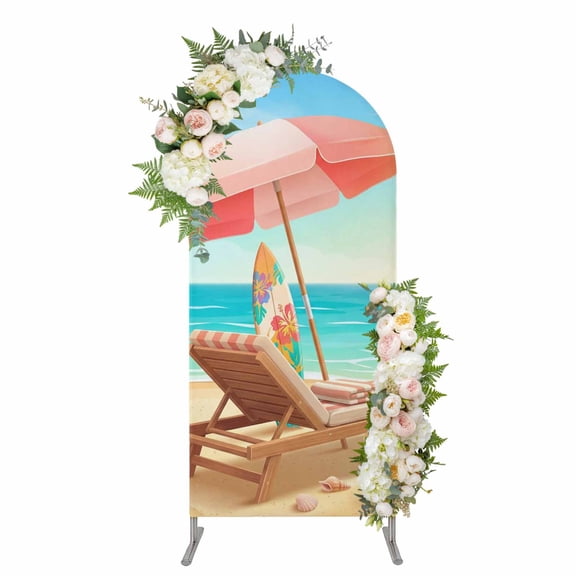 Coastal Beach Arch Backdrop Cover 4FT, Summer Tropical Ocean Vacation Waves Blue Spandex Fitted Stretchy Arch Stand Covers, Round Top Chiara Backdrop Cover for Wedding Party Birthday Baby Shower