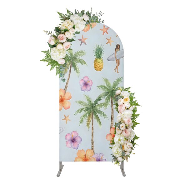 Coastal Beach Arch Backdrop Cover 4FT, Summer Tropical Vacation Palm Trees Surfing Spandex Fitted Stretchy Arch Stand Covers, Round Top Chiara Backdrop Cover for Wedding Party Birthday Baby Shower