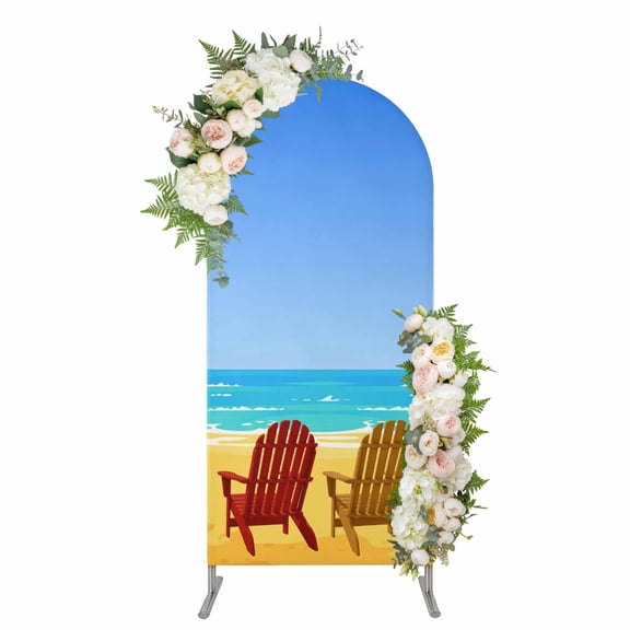 Coastal Beach Arch Backdrop Cover 5FT, Summer Cartoon Vacation Waves Blue Brown Spandex Fitted Stretchy Arch Stand Covers, Round Top Chiara Backdrop Cover for Wedding Party Birthday Baby Shower