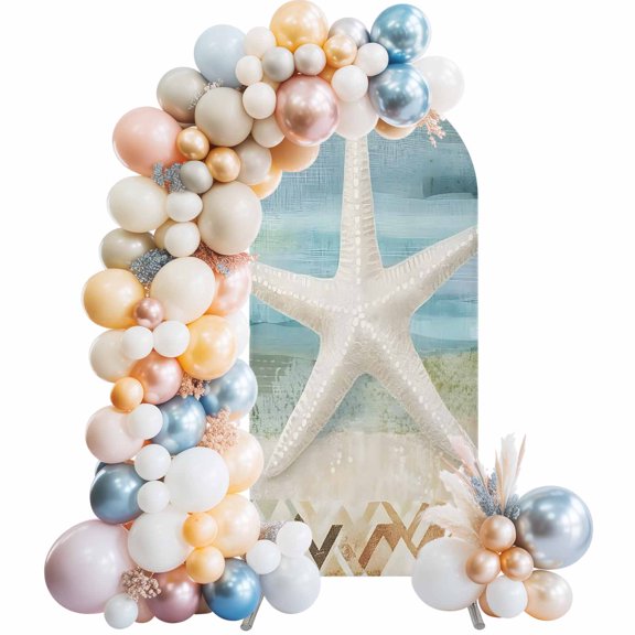 Coastal Beach Arch Backdrop Cover, Spandex Fitted Wedding Arch Cover, Summer Retro Starfish Wave Round Top Stand Covers for Birthday Ceremony Bridal Shower Party Decor 4x1.65 Ft