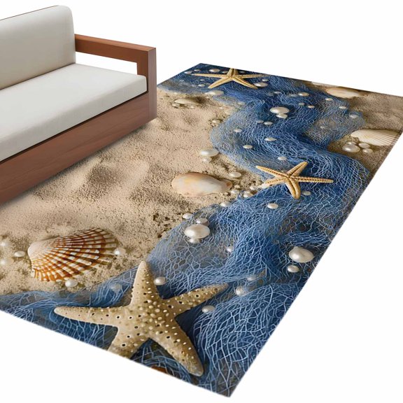 Coastal Beach Area Rug 4x6 Washable Rug Non Slip Summer Nautical Blue Fishing Net Conch Large Area Rug Indoor Floor Carpet for Entryway Bedroom Kitchen Living Room Home Office Dining Room Nursery