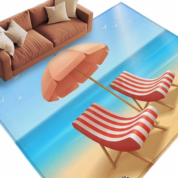 Coastal Beach Area Rug 5x8 Washable Rug Non Slip Cartoon Summer Ocean Vacation Sky Blue Waves Large Area Rug Soft Stainresistant Indoor Floor Carpet for Living Room Bedroom Office Dining Room Nursery