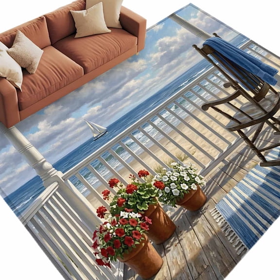 Coastal Beach Area Rug 8x10 Washable Rug Non Slip Ocean Sea Nautical Boats Waves Sky Blue Large Area Rug Soft Stainresistant Indoor Carpet for Living Room Bedroom Home Office Dining Room Nursery
