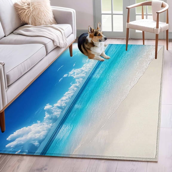 Coastal Beach Area Rugs 4'x6', Washable Small Throw Rugs for Office Bathroom, Modern Ocean Wave Sea Nautical Sky Blue Indoor Outdoor Rug Non-Slip Low Pile Carpet Runner Reversible Floor Mats