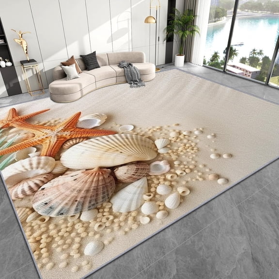 Coastal Beach Area Rugs, Sandy Starfish Carpet, Washable Non Slip Low Pile Soft Rug for Bedroom Living Room Decor Mat 3ftx5ft