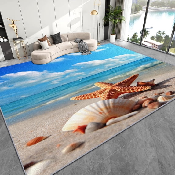Coastal Beach Area Rugs, Starfish Seashell Carpet, Washable Non Slip ...