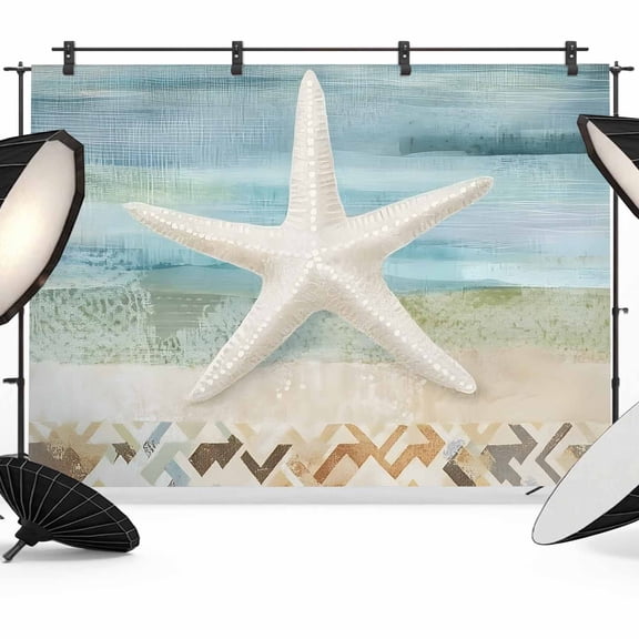 Coastal Beach Backdrop for Photography, Fabric Photo Background Backdrop, Summer Retro Starfish Wave Photo Booth Background for Portrait Photoshoot Video Wedding Studio Decoration Banner 7x5ft