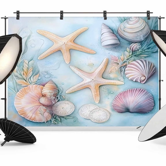 Coastal Beach Backdrop for Photoshoot,Photography Photo Studio Background Wall Backdrop,Summer Starfish Nautical Shell Ocean Back Drop Banner Panel for Portraits Wedding Party Live Streaming 8x6Ft