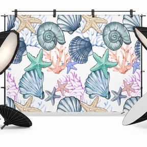 Coastal Beach Backdrop for Photoshoot,Photography Photo Studio Background Wall Backdrop,Watercolor Nautical Starfish Shell Back Drop Banner Panel for Portraits Wedding Live Streaming Decor 8x6Ft