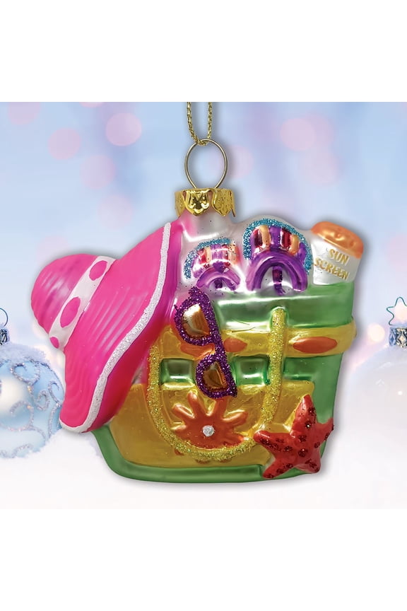 Coastal Beach Bag Glass Christmas Ornament, Ocean Seaside Nautical Home Tree Decoration