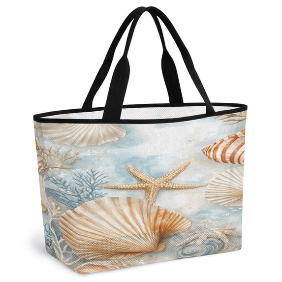 Coastal Beach Bag for Women, Large Breathable Mesh Beach Tote Bag, Nautical Beach Shell Starfish Coral Ocean Sandproof Lightweight Travel Bags for Vacation Picnic Swimming Pool 15.7"x15.7"x9.1"