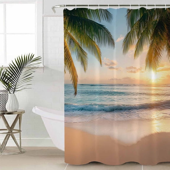 Coastal Beach Bathroom Curtain 78 Inch Shower Curtain with Hooks, Summer Tropical Palm Trees Ocean Waterproof Polyester Bath Curtain Washable Bathtub Curtain 72''x 78''