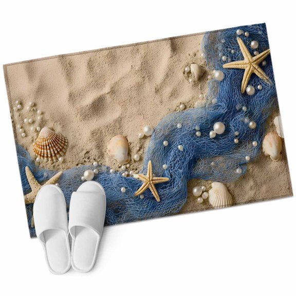 Coastal Beach Bathroom Rug Washable 2x3 Entryway Rug Non Slip Summer Nautical Blue Fishing Net Conch Front Door Mat Low Pile Indoor Doormat Throw Floor Carpet for Kitchen Bedroom Entrance