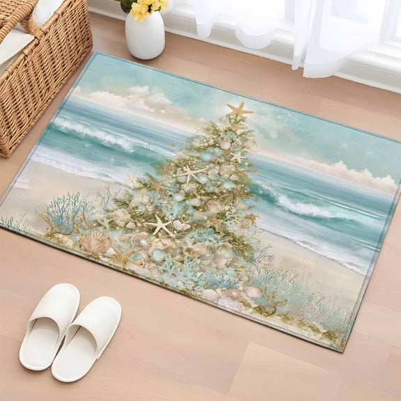 Coastal Beach Bathroom Rug Washable 2x3 Entryway Rug Non Slip Summer Ocean Wave Starfish Coral Trees Front Door Mat Low Pile Indoor Doormat Throw Floor Carpet for Kitchen Bedroom Entrance