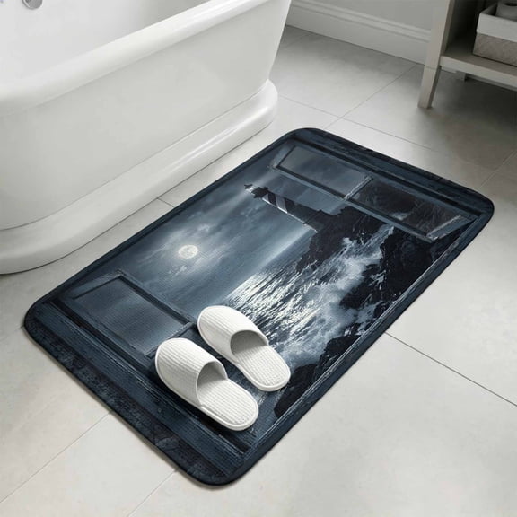 Coastal Beach Bathroom Rugs Non Slip Washable Bath Mat Absorbent Front Door Mat Ocean Seaside Nautical Lighthouse Waves Indoor Doormat for Kitchen Entryway Shower Decor Accessories 15.7"x23.6"