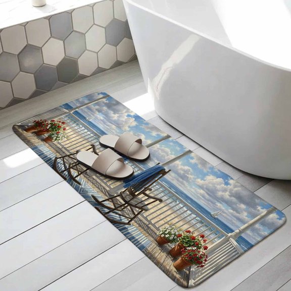 Coastal Beach Bathroom Runner Rugs Non Slip Washable Absorbent Narrow Long Bath Mat Ocean Sea Nautical Boats Waves Sky Blue Runner Rugs for Kitchen Hallway Bedroom Laundry Study Room 31.5"x63"