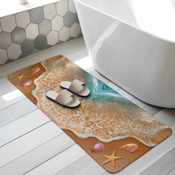 Coastal Beach Bathroom Runner Rugs Non Slip Washable Absorbent Narrow Long Bath Mat Summer Ocean Sea Waves Starfish Teal Beige Runner Rugs for Kitchen Hallway Bedroom Laundry Study Room 31.5"x63"