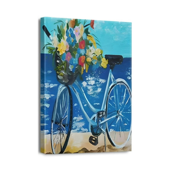 Coastal Beach Bicycle Decor Wall Art Rustic Bike Flower Pictures Beach Floral Butterfly Canvas Painting Framed Artwork for Bathroom Bedroom Living Room Bedroom 12''x16''
