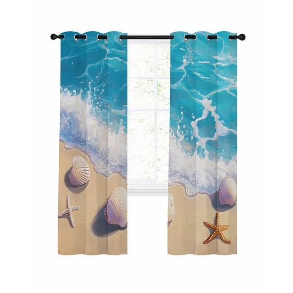 Coastal Beach Blackout Curtains, Light Blocking Print Window Curtains, Nautical Ocean Starfish Shells Sea Waves Thermal Insulated Window Drapes for Living Room Kitchen Cafe 2 Panels, 104"W x 52"L