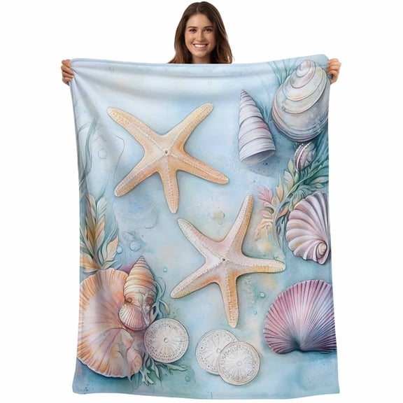 Coastal Beach Blanket Soft Cozy Warm Throw Blanket for Couch, Plush Fuzzy Flannel Fleece Blankets for Sofa, Summer Starfish Nautical Shell Ocean Bed Blankets Lightweight Gifts for Women, 40"x50"