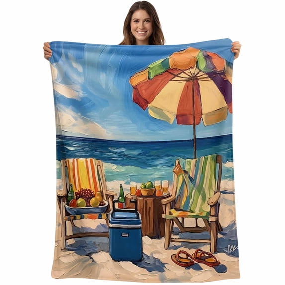 Coastal Beach Blanket Soft Cozy Warm Twin Blanket for Bed, Plush Fuzzy Flannel Fleece Blankets for Sofa, Vintage Summer Ocean Sea Wave Oil Painting Throw Blankets for Couch, Gifts for Men, 60"x80"