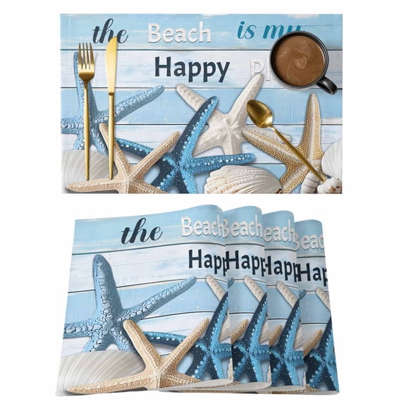 Coastal Beach Blue Placemats Set of 6 Ocean Starfish Wooden Grain Place Mats Indoor Wipeable Table Mats Washable Cloth Dining Table Placemats for Kitchen Holiday Party Home Decor 13x19 Inch