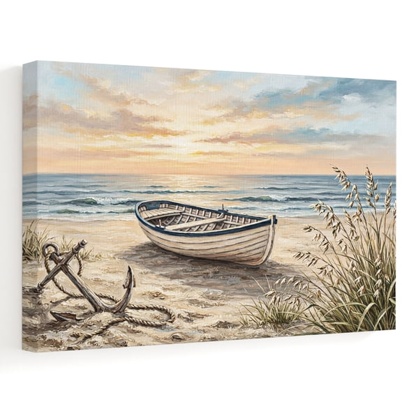 Coastal Beach Boat Canvas Wall Art 10" x 8" Nautical Sunset Anchor Ocean Waves Grass Sky Frame Picture Prints, Ready to Hang Waterproof Artwork Decor for Bathroom, Kitchen Small Wall Spaces