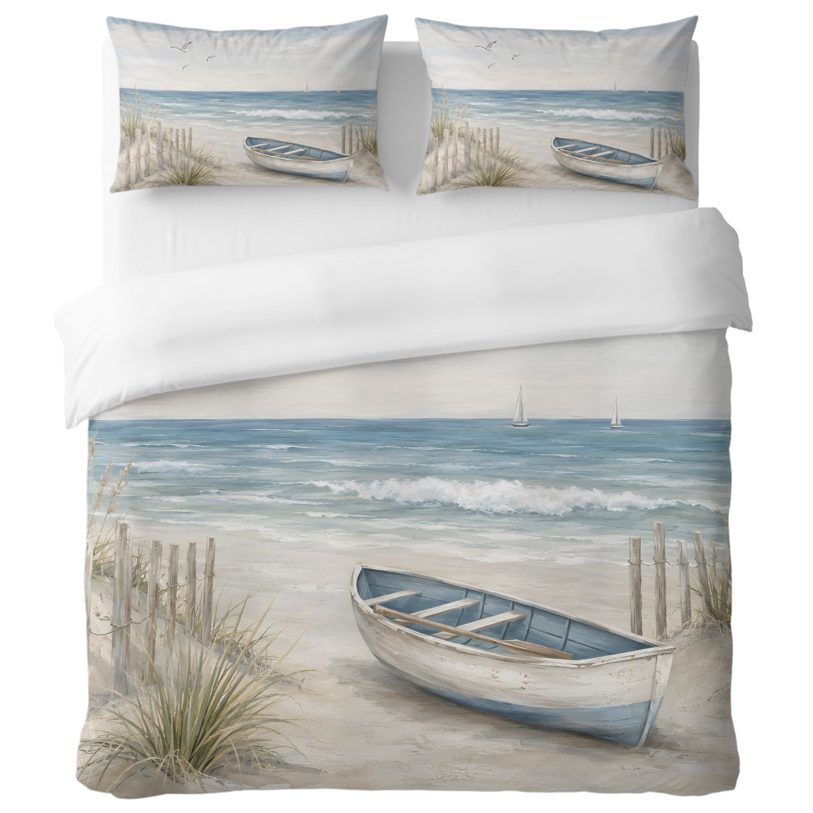 Coastal Beach Boat Full Duvet Cover Set, Nautical Ocean Waves Seagulls ...