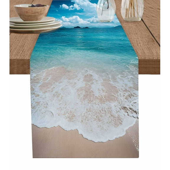 Coastal Beach Burlap Cotton Table Runner 13x36 Inches Short, Blue Ocean Summer Sand Mountain Shore Farmhouse Table Runners, Outdoor Dining Tablecloths Decor for Baby Shower/Party/Wedding