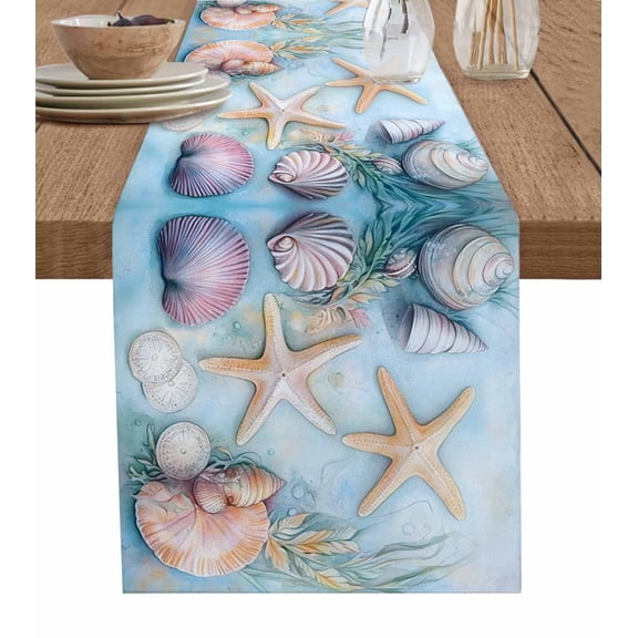 Coastal Beach Burlap Cotton Table Runner 18x72 Inches Long, Summer Starfish Nautical Shell Ocean Farmhouse Table Runners, Outdoor Dining Tablecloths Decor for Baby Shower/Party/Wedding