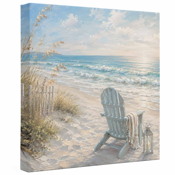 Coastal Beach Canvas Wall Art Framed Wall Decor for Living Room Bedroom Bathroom, Natural Sand Beach Chair Ocean Waves Rustic Canvas Pictures Ready to Hang Decor, 8"x8"