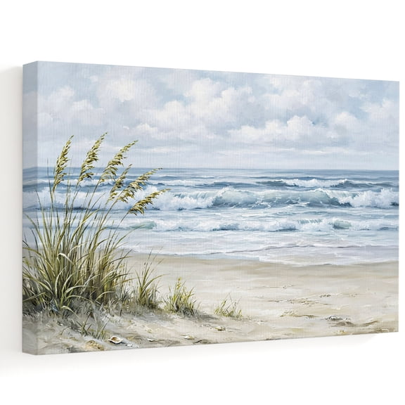 Coastal Beach Canvas Wall Art, Nautical Minimalist Ocean Waves Grass Leaf Sky Wall Art Prints Artwork Framed Canvas Ready to Hang Art Pictures for Bathroom, Dressing Table, Entryway 12" x 8"