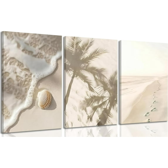 Coastal Beach Canvas Wall Art Palm Tree Seashells Painting Picture Wall Decor Seaside summer vacation Poster Print Artwork for Living Room, Bedroom, Bathroom(Only canvas)
