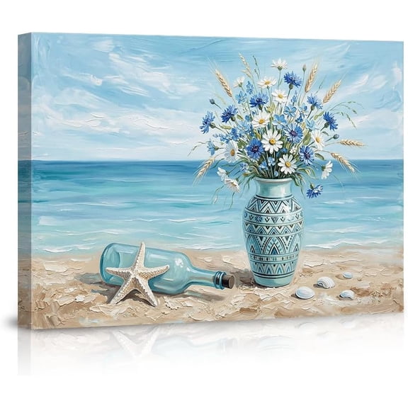 Coastal Beach Canvas Wall Art Posters Ocean Sea Themed Blue and White Floral Flowers in Vase Painting Starfish Artwork for Living Room Bedroom Bathroom Decor