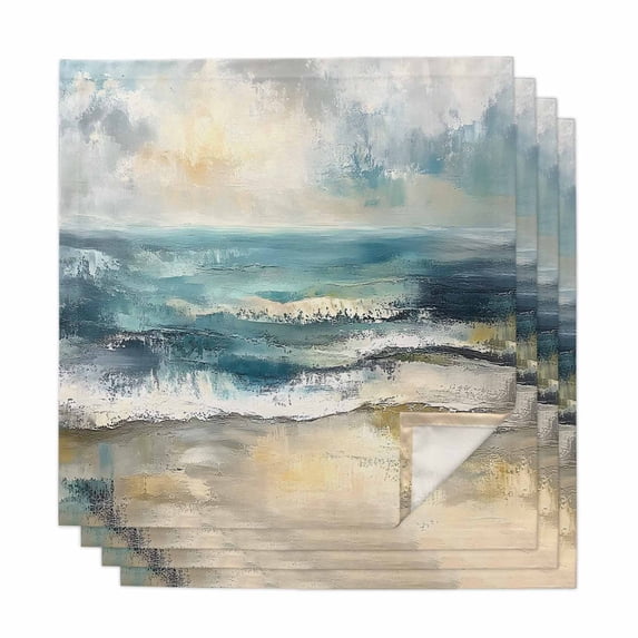 Coastal Beach Cloth Napkins, Abstract Oil Painting Ocean Wave Washable and Reusable Dinner Napkins Set of 4, Table Napkin for Kitchen Party Birthday Wedding Hotel Housewarming 20"x20"